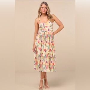 Lulu’s Aleyna Yellow Abstract Pleated‎ Lace-Up Bustier Midi Dress Womens Medium